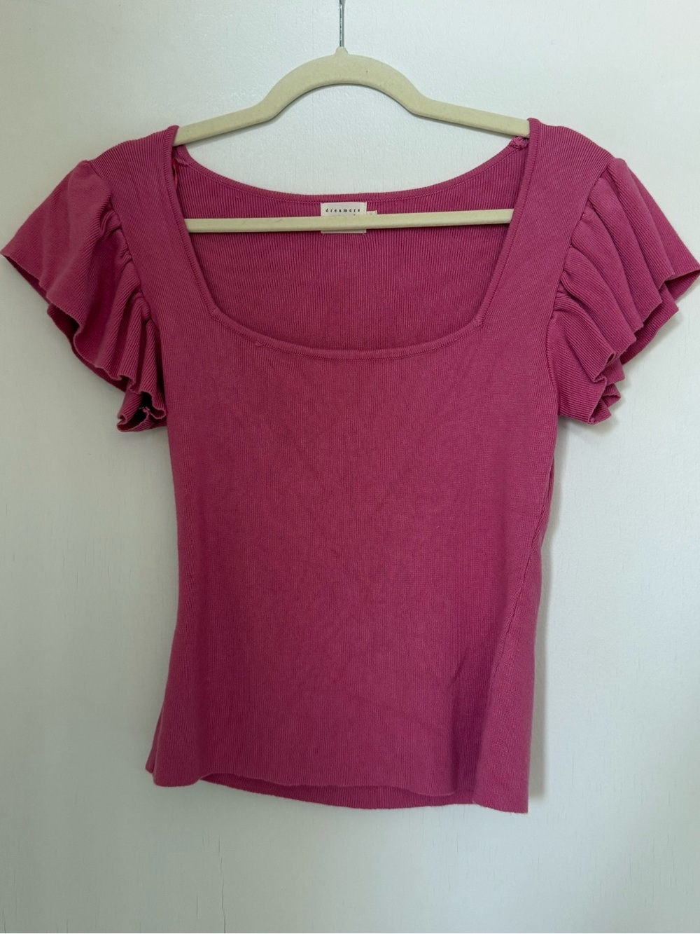 Square-Neck Ruffle Sleeve Top in Berry Pink